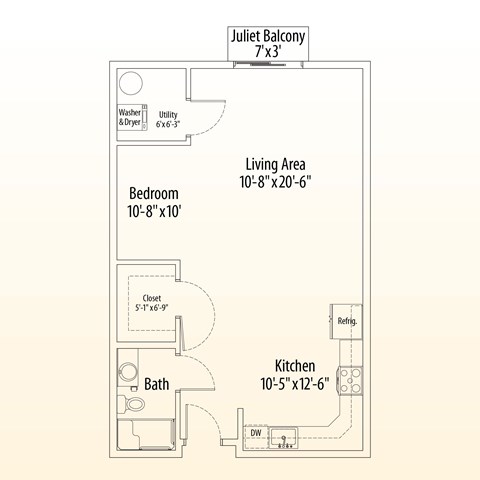 Floor plan for studio, 1 bath, 726 sqft