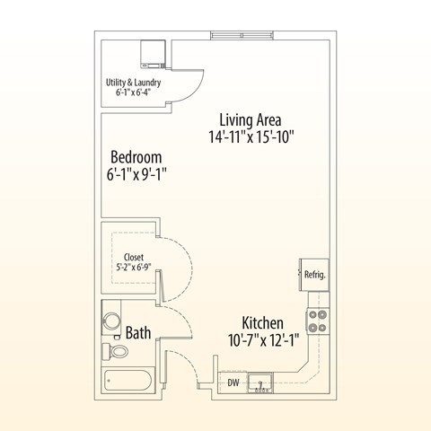 Floor plan for studio, 1 bath, 726 sqft
