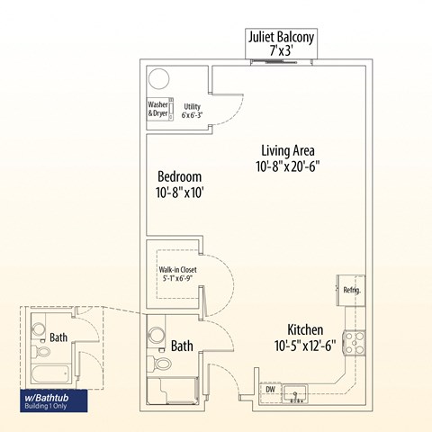Floor plan for studio, 1 bath, 726 sqft