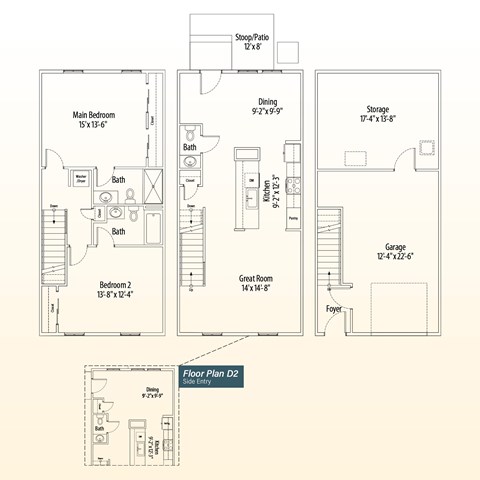 Floor plan for 2 beds, 2.5 baths, 1455 sqft