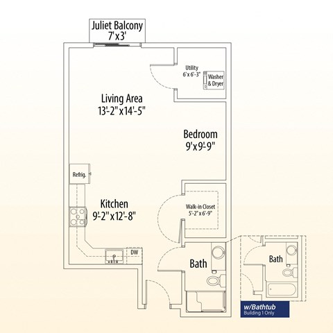Floor plan for studio, 1 bath, 610 sqft