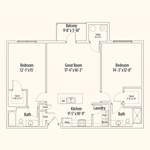 Floor plan for 2 beds, 2 baths, 1268 sqft