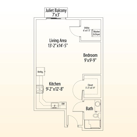 Floor plan for studio, 1 bath, 610 sqft