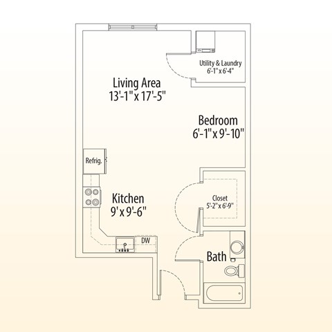 Floor plan for studio, 1 bath, 610 sqft