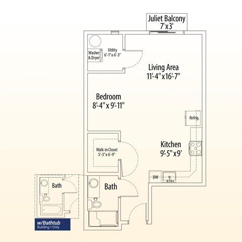 Floor plan for studio, 1 bath, 594 sqft