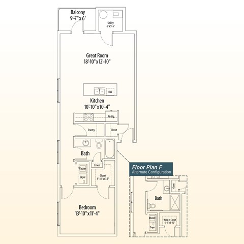Floor plan for 1 bed, 1 bath, 941 sqft