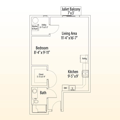 Floor plan for studio, 1 bath, 594 sqft