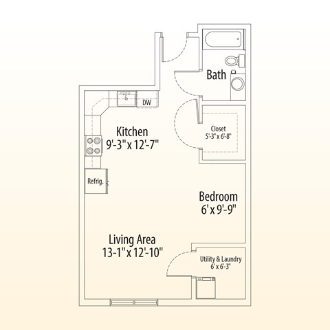 Floor plan for studio, 1 bath, 594 sqft