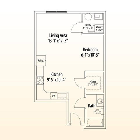 Floor plan for studio, 1 bath, 569 sqft