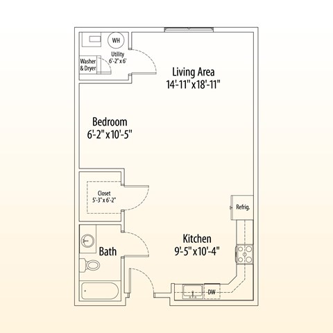 Floor plan for studio, 1 bath, 714 sqft