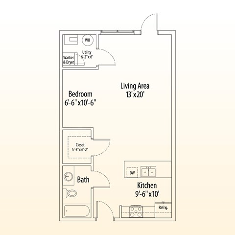 Floor plan for studio, 1 bath, 577 sqft