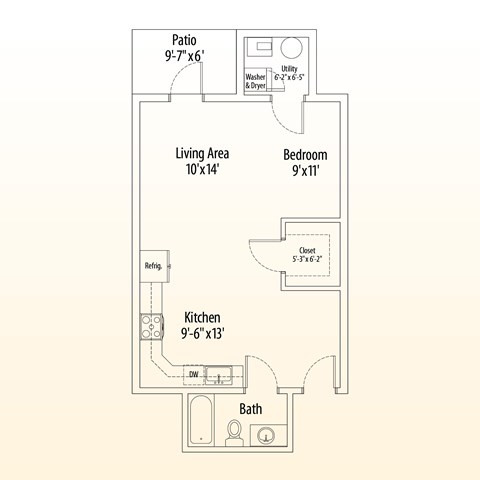 Floor plan for studio, 1 bath, 564 sqft
