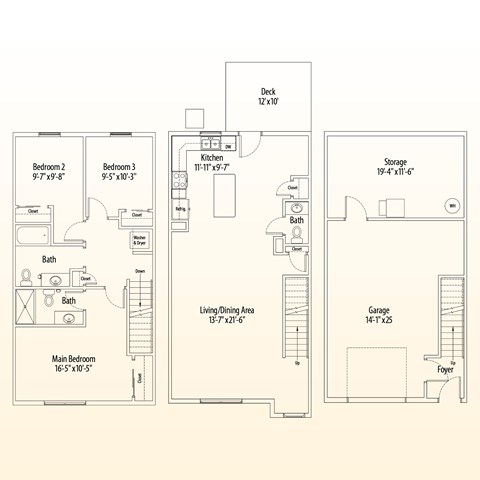 Floor plan for 3 beds, 2.5 baths, 1455 sqft