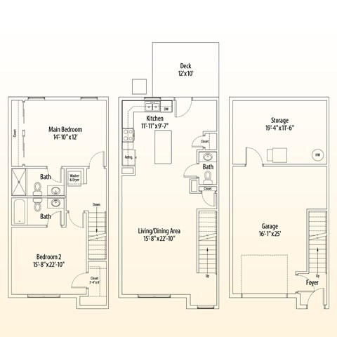 Floor plan for 2 beds, 2.5 baths, 1333 sqft