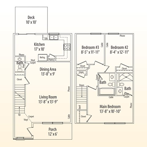 Floor plan for 3 beds, 2.5 baths, 1296 sqft