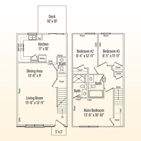 Floor plan for 3 beds, 2.5 baths, 1296 sqft
