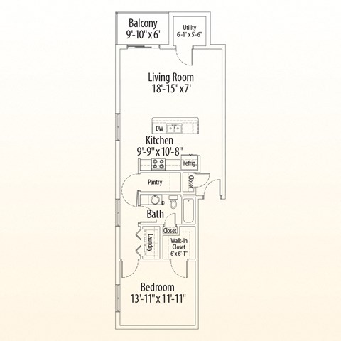 Floor plan for 1 bed, 1 bath, 897 sqft