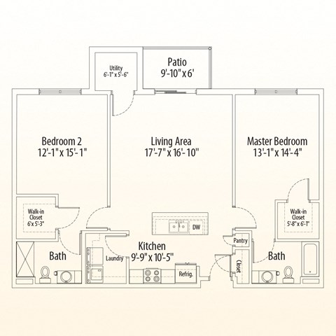 Floor plan for 2 beds, 2 baths, 1217 sqft