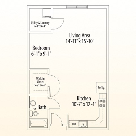 Floor plan for studio, 1 bath, 726 sqft