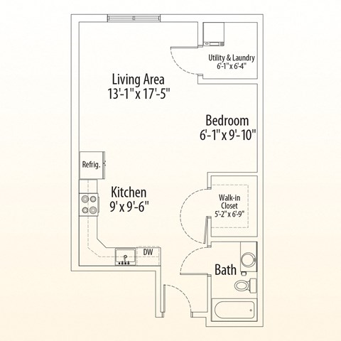 Floor plan for studio, 1 bath, 610 sqft
