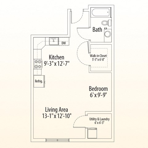 Floor plan for studio, 1 bath, 594 sqft