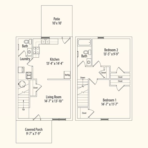 Floor plan for 2 beds, 1.5 baths, 1078 sqft