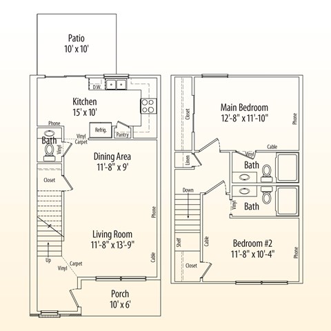 Floor plan for 2 beds, 2.5 baths, 1124 sqft