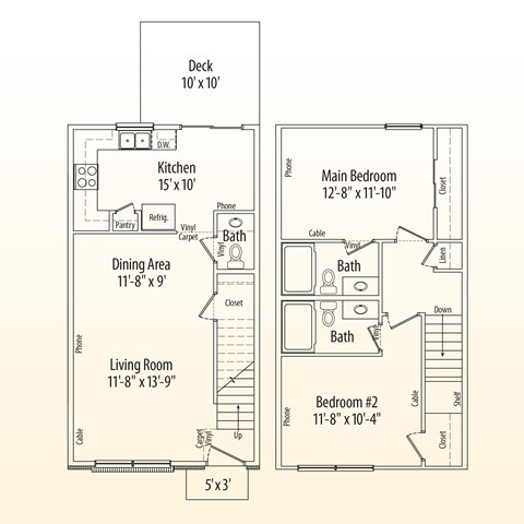 Floor plan for 2 beds, 2.5 baths, 1088 sqft