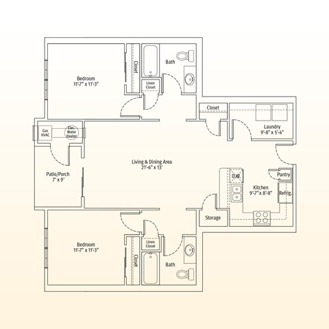 Floor plan for 2 beds, 2 baths, 1067 sqft