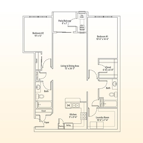 Floor plan for 2 beds, 2 baths, 1202 sqft