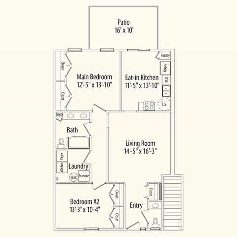 Floor plan for 2 beds, 1.5 baths, 1121 sqft