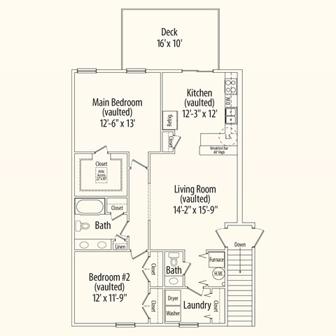 Floor plan for 2 beds, 1.5 baths, 1121 sqft