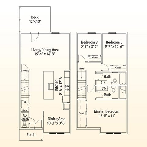 Floor plan for 3 beds, 2.5 baths, 1500 sqft