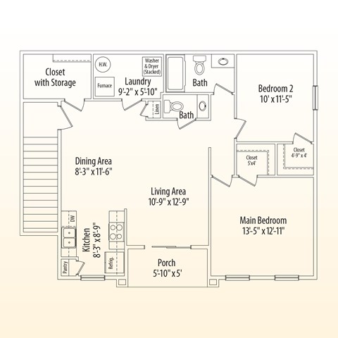 Floor plan for 2 beds, 1.5 baths, 1063 sqft