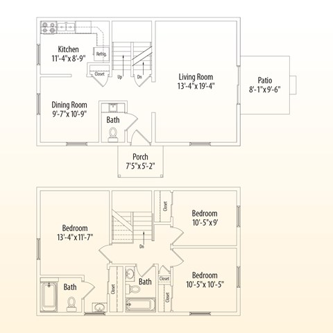 Floor plan for 3 beds, 1 bath, 1125 sqft