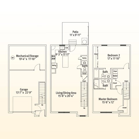 Floor plan for 2 beds, 2.5 baths, 1399 sqft