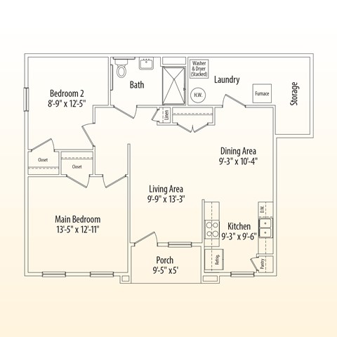 Floor plan for 2 beds, 1 bath, 1085 sqft
