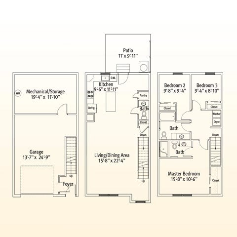 Floor plan for 3 beds, 2.5 baths, 1469 sqft