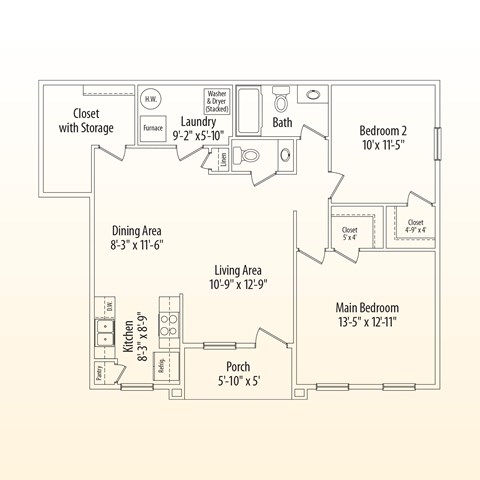 Floor plan for 2 beds, 1.5 baths, 1085 sqft