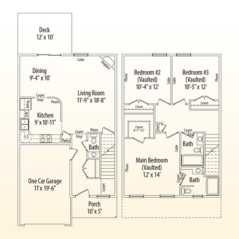 Floor plan for 3 beds, 2.5 baths, 1392 sqft