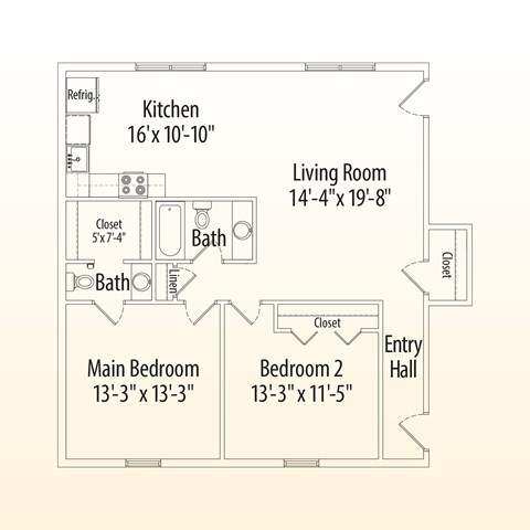 Floor plan for 2 beds, 1.5 baths, 1125 sqft