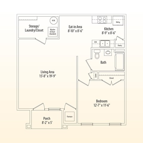 Floor plan for 1 bed, 1 bath, 879 sqft