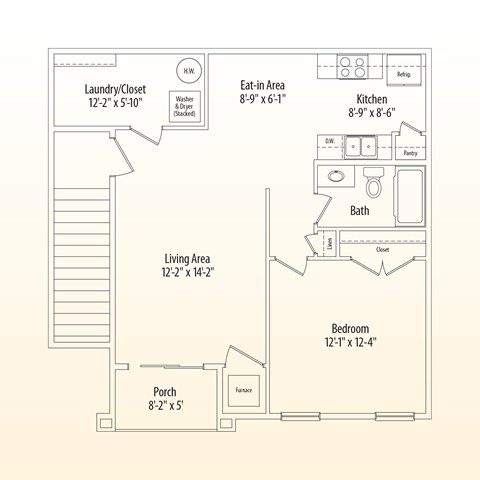 Floor plan for 1 bed, 1 bath, 821 sqft