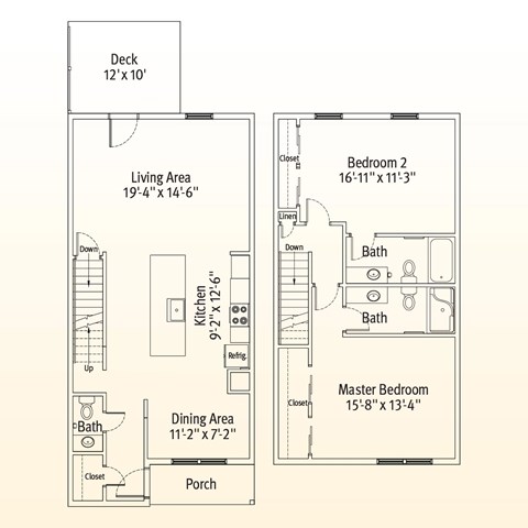 Floor plan for 2 beds, 2.5 baths, 1494 sqft