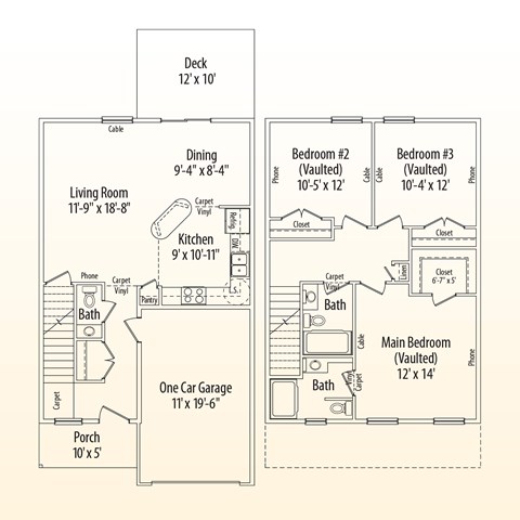 Floor plan for 3 beds, 2.5 baths, 1392 sqft