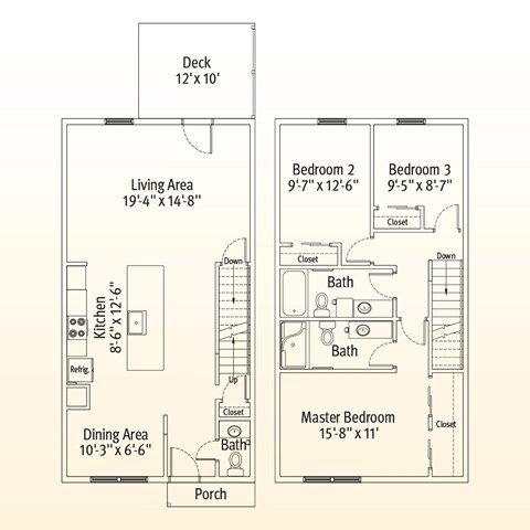 Floor plan for 3 beds, 2.5 baths, 1484 sqft