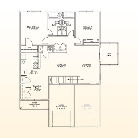 Floor plan for 2 beds, 2 baths, 1278 sqft