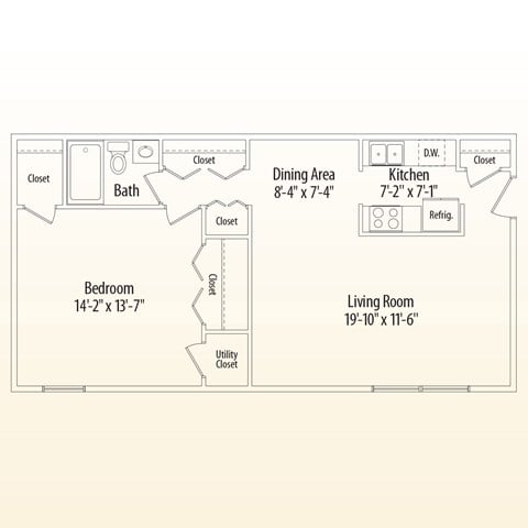 Floor plan for 1 bed, 1 bath, 766 sqft