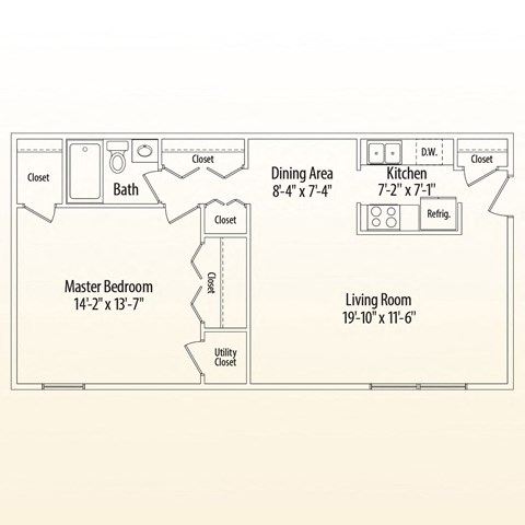 Floor plan for 1 bed, 1 bath, 766 sqft