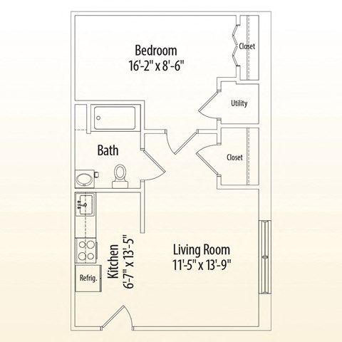 Floor plan for 1 bed, 1 bath, 544 sqft
